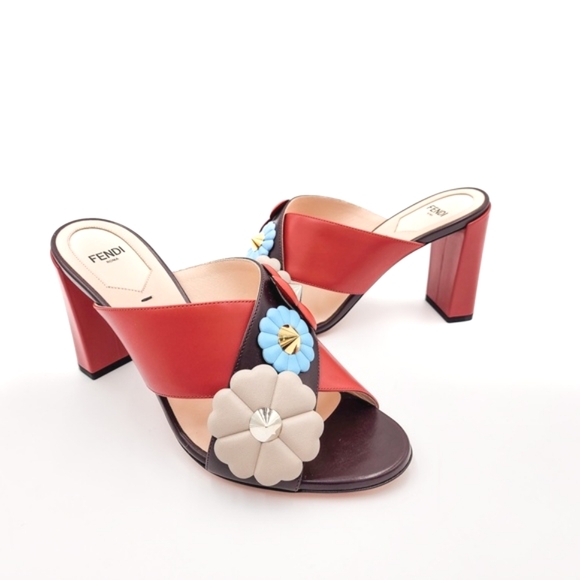 Fendi Shoes - FENDI Brown Nappa Leather Floral Slip-On Heels Designer Mules Shoes EU 38